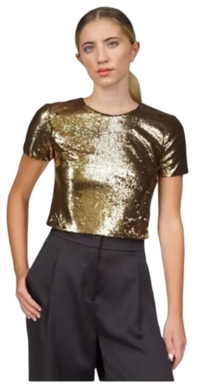 Michael Kors Antique Gold Sequin Short Sleeve Crew Neck Top, Women's Medium, NWT